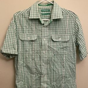 Green and white plaid button up shirt